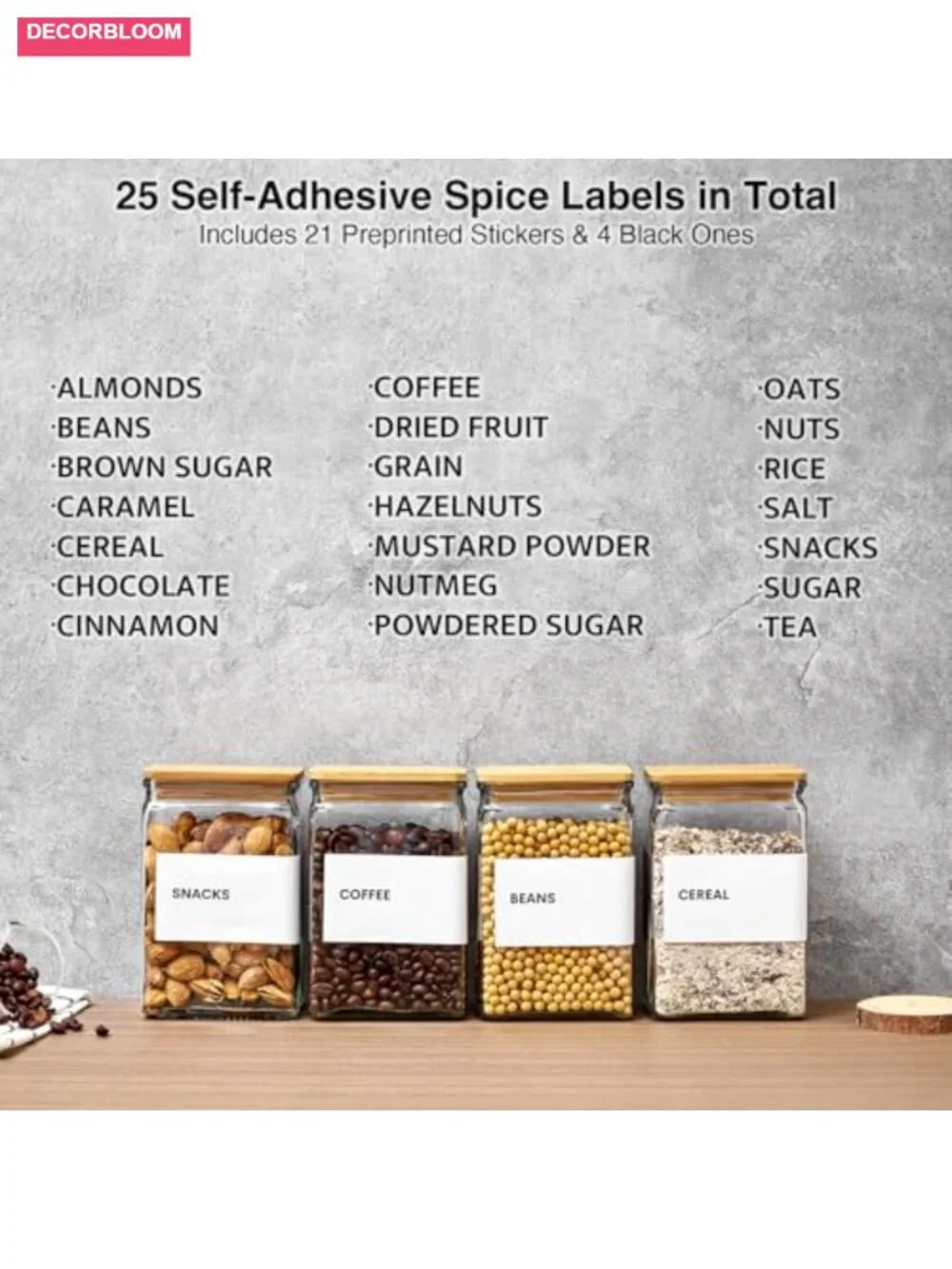 Glass Storage Jars with Bamboo Lids, 27oz Square Spice Jars for Kitchen Pantry